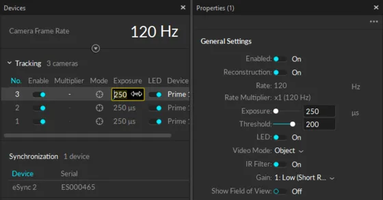 Device Paneを使用してカメラの設定を調整します。