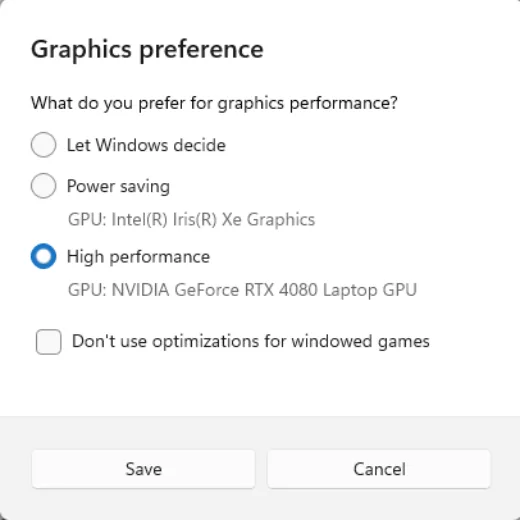 アプリケーションの Windows グラフィックス設定